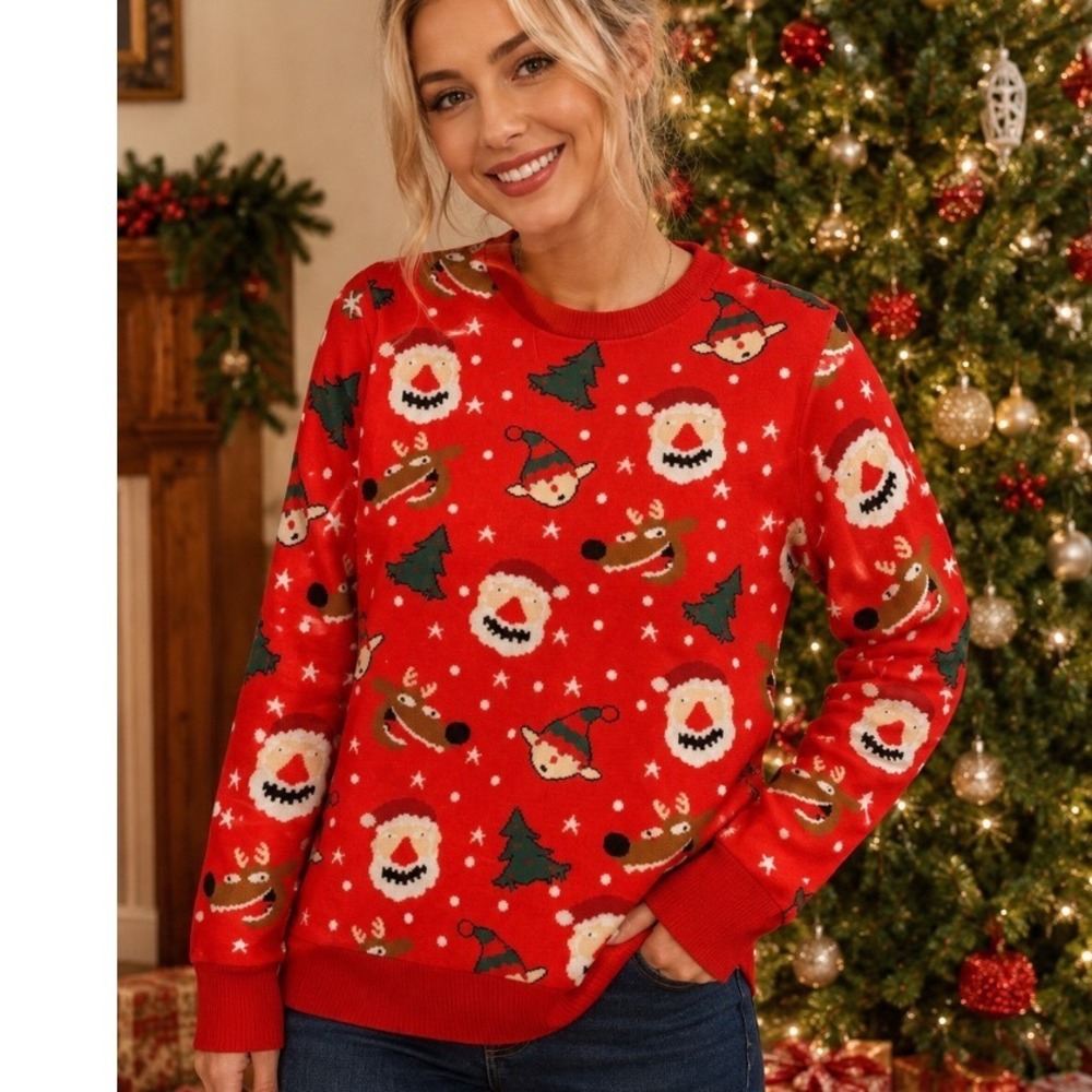 New Ugly "Santa" Christmas Sweater  Reindeer Santa Red Size Xl Wm